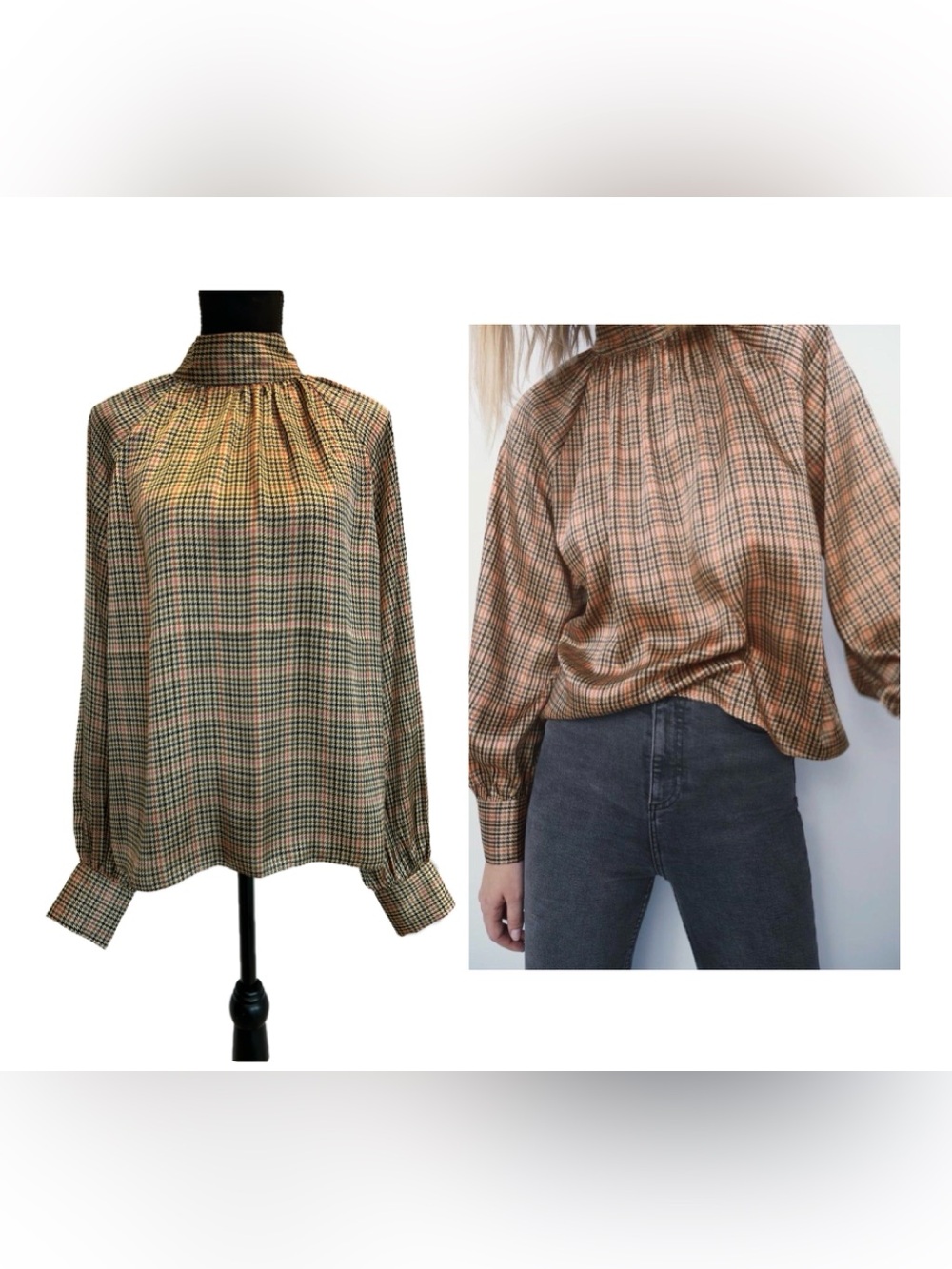 Suzy Shier houndstooth pattern blouse high neck button cuffs brown pink Sz M